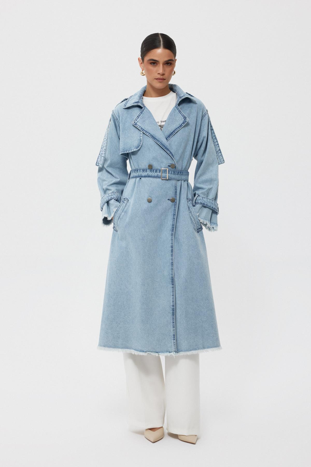 Light Blue Shoulder Writing Detail Belted Trench Coat