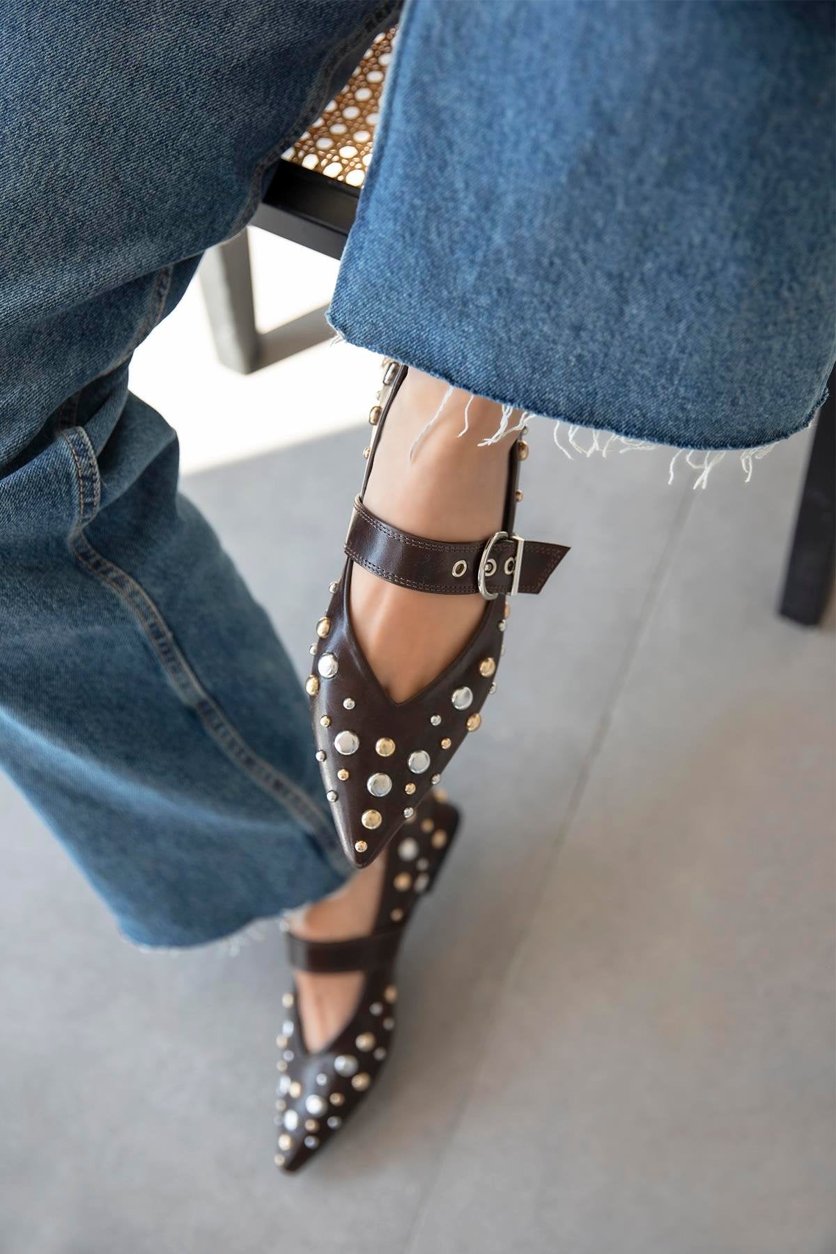 Women's Aqua Drop Detail Leather Ballerina - Brown