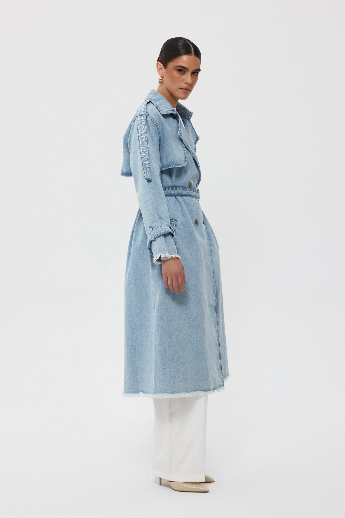 Light Blue Shoulder Writing Detail Belted Trench Coat