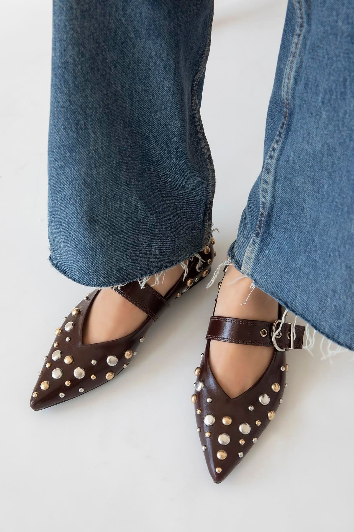 Women's Aqua Drop Detail Leather Ballerina - Brown