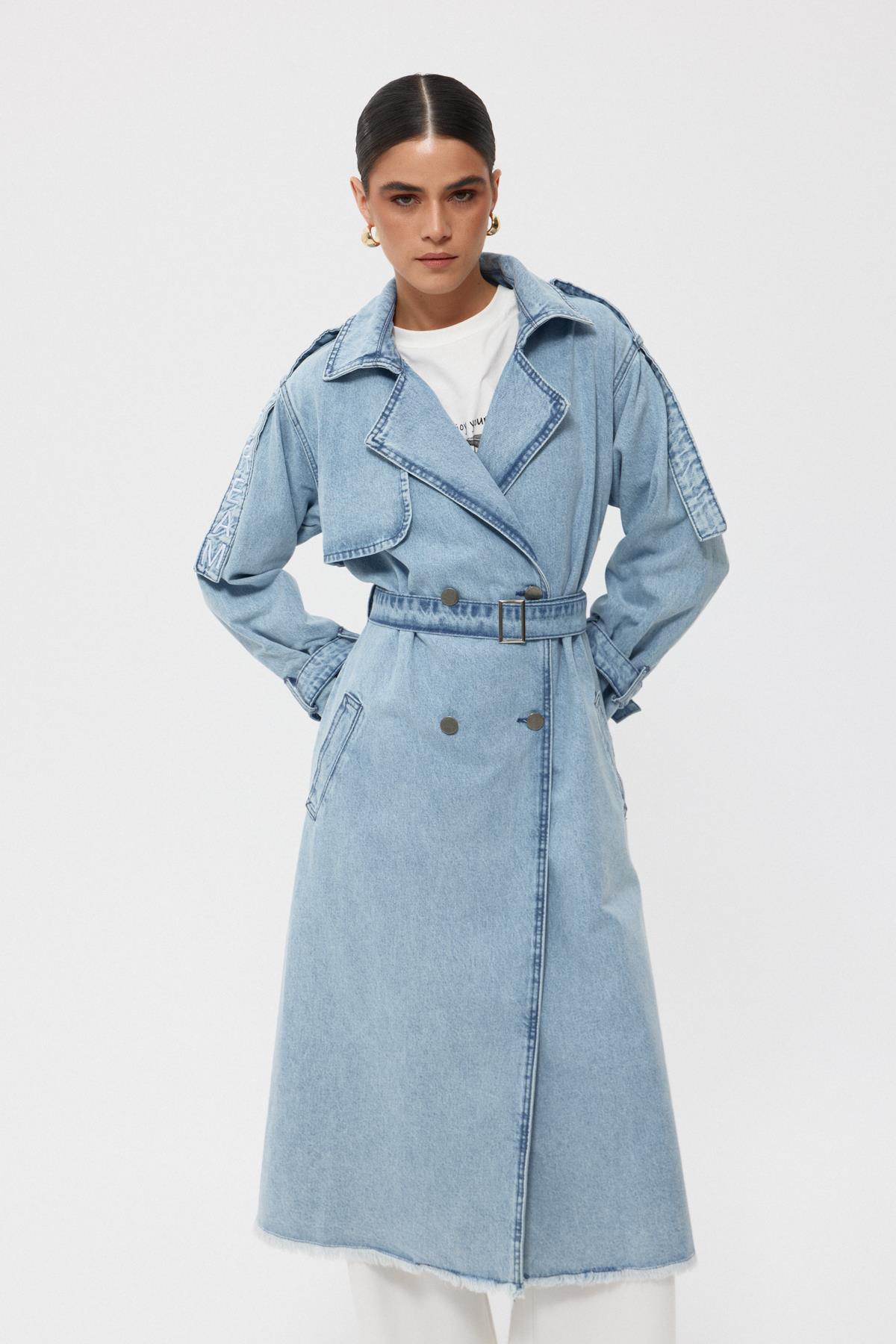 Light Blue Shoulder Writing Detail Belted Trench Coat