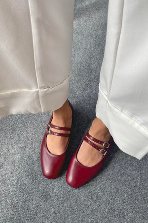 Elvira Women's Belt Detail Leather Ballerina - Burgundy