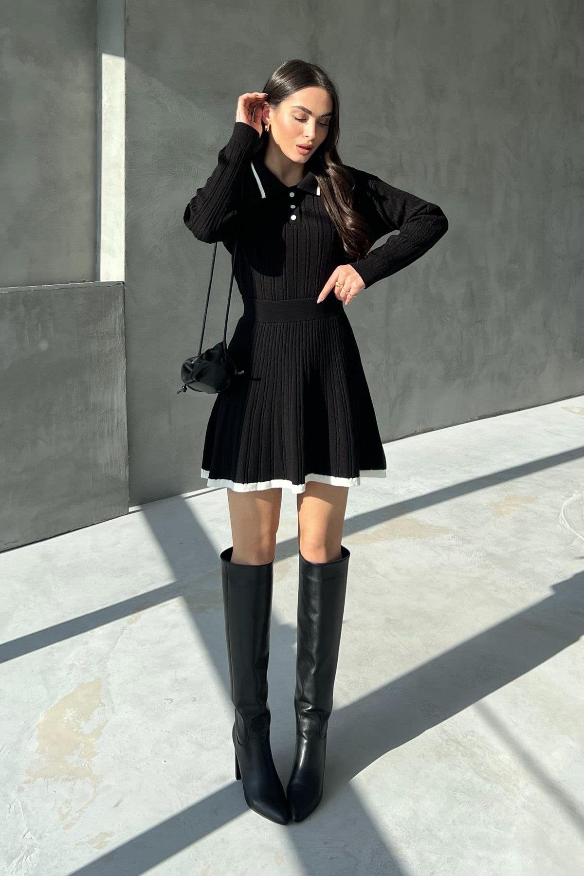 Black Polo Neck Knitted Sweater Skirt Set