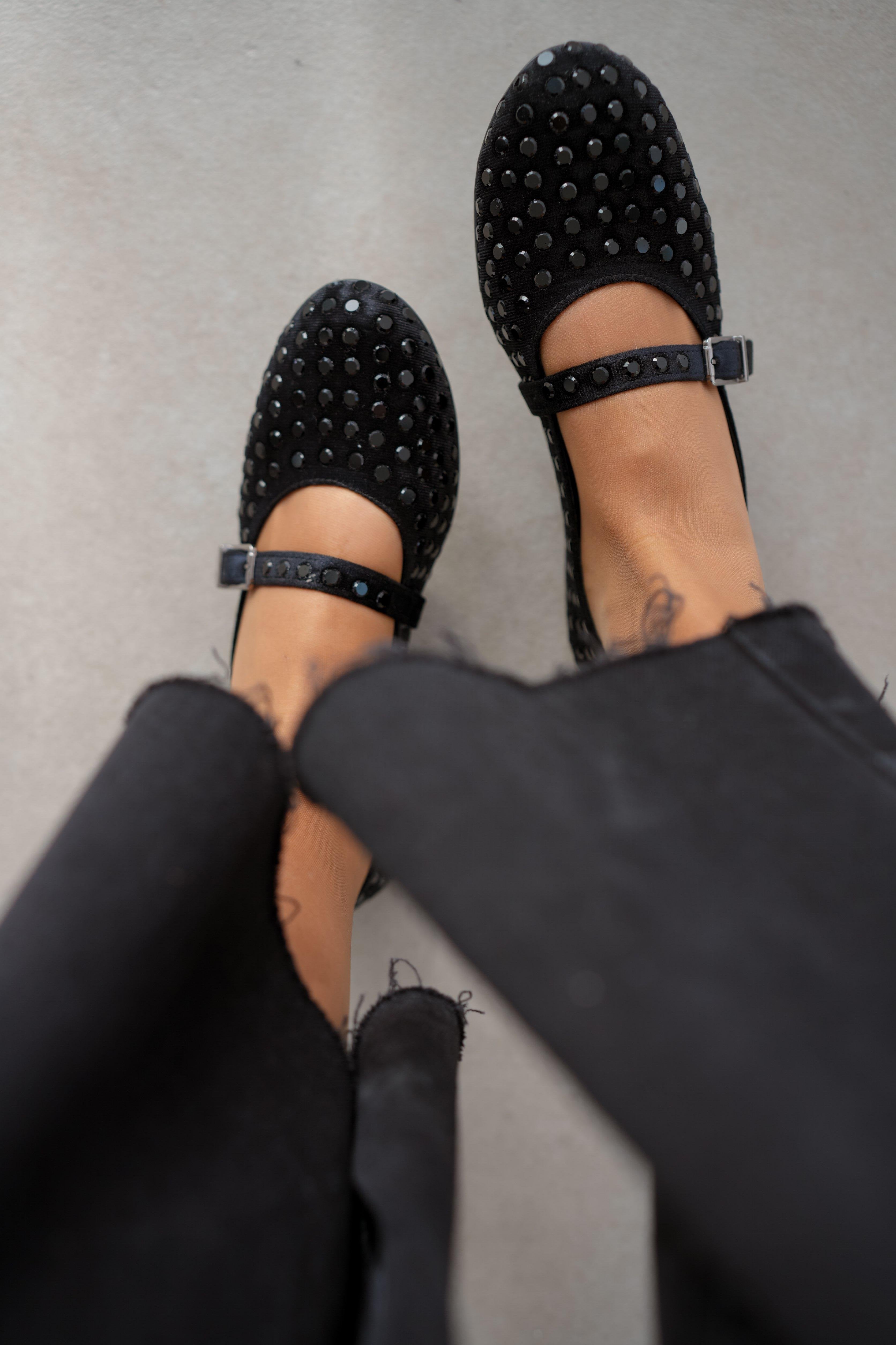 Caren Black Velvet Fabric Shiny Stud Detailed Ankle-Tie Women's Ballerinas