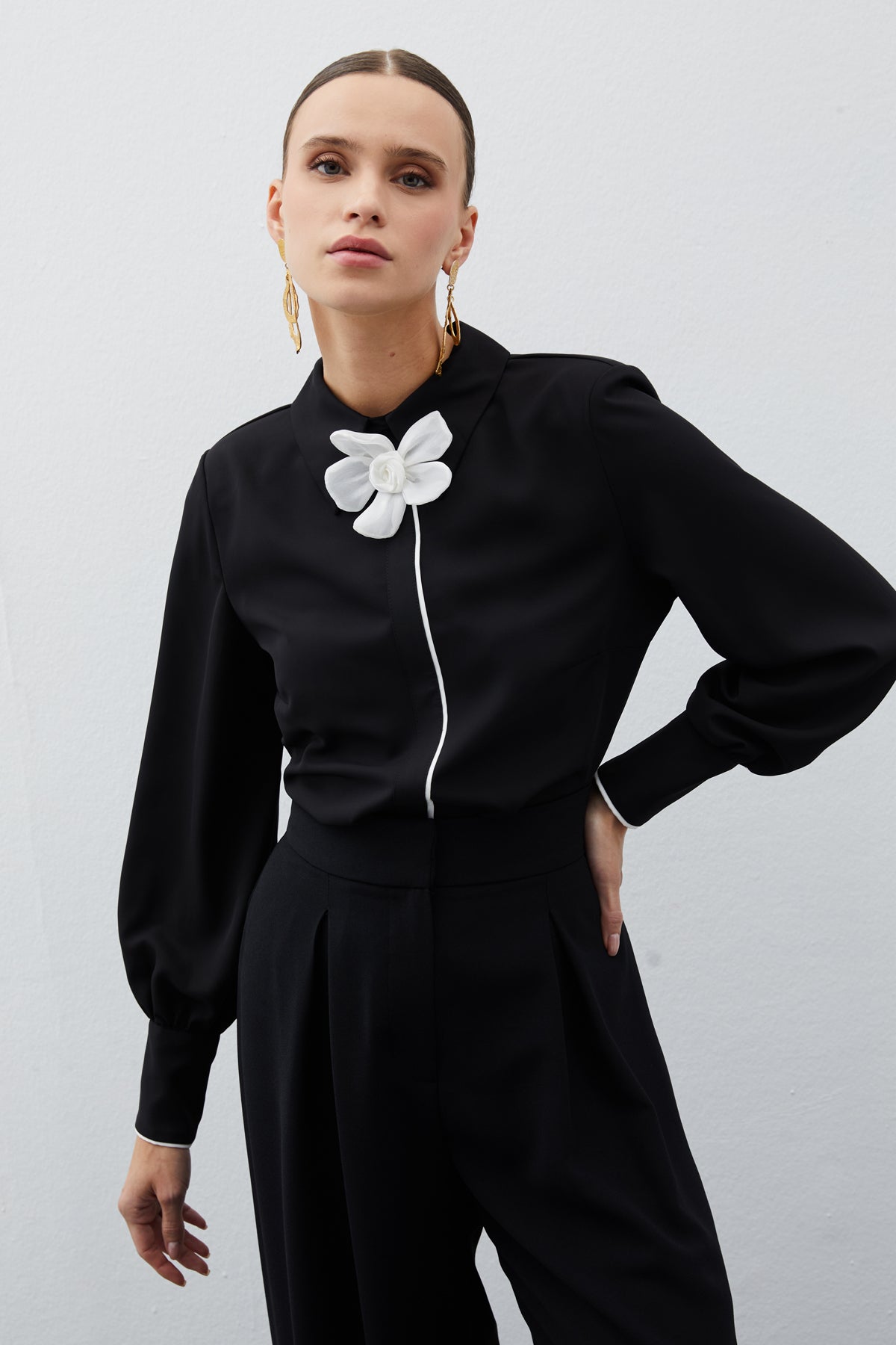 Flower Detailed Collar Blouse - BLACK