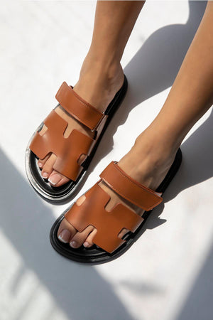 Palmeira  Tan-Black Velcro Leather Slippers