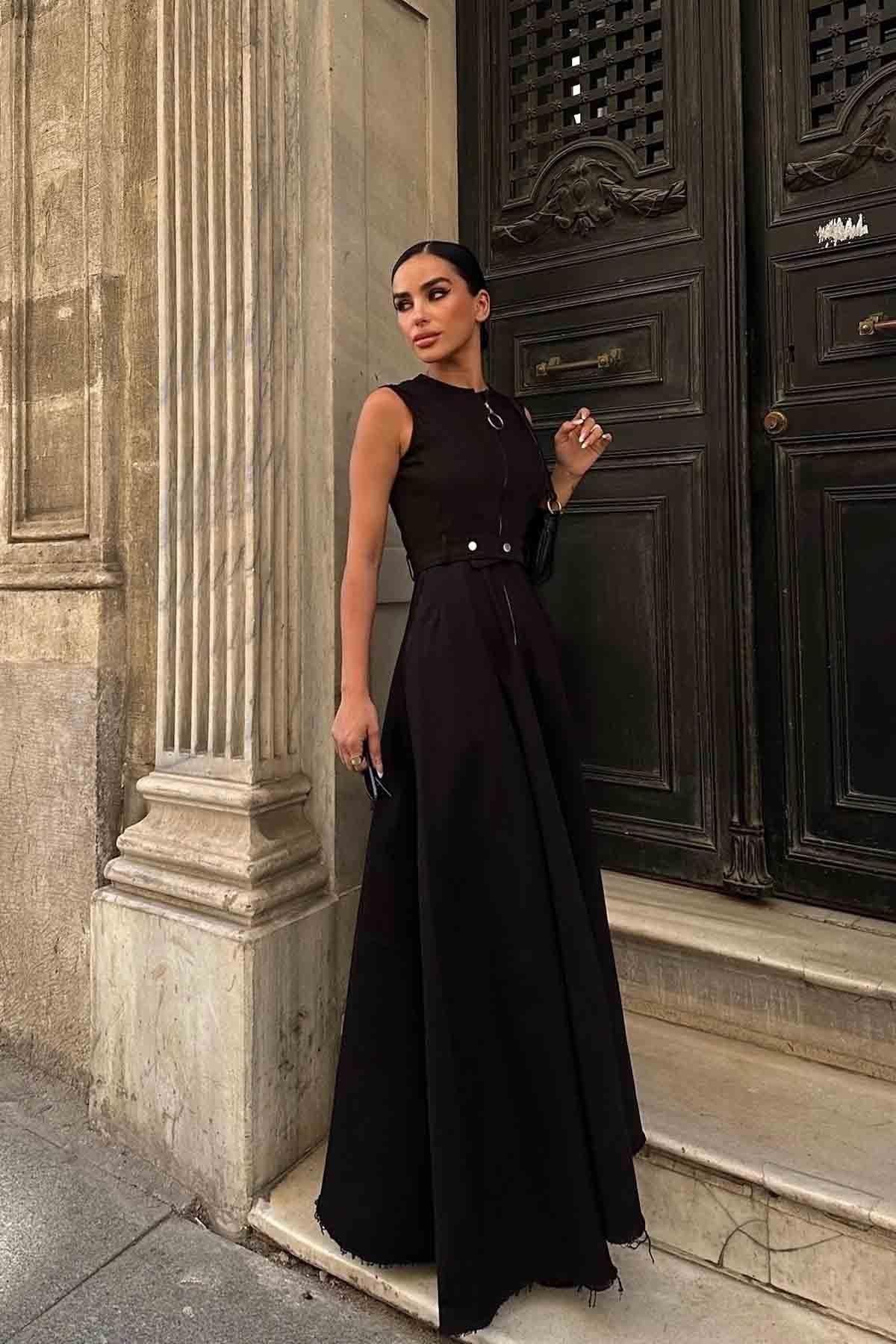 Black Lisbon Gabardine Belted Dress