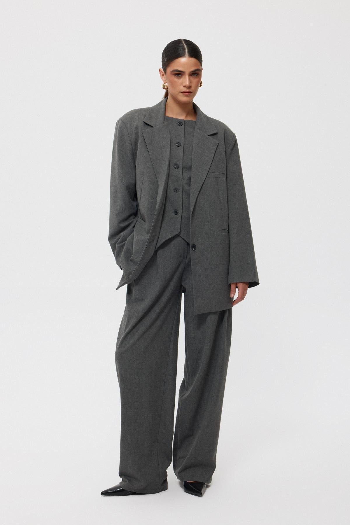 Gray Pleated Front Elastic Back Palazzo Trousers