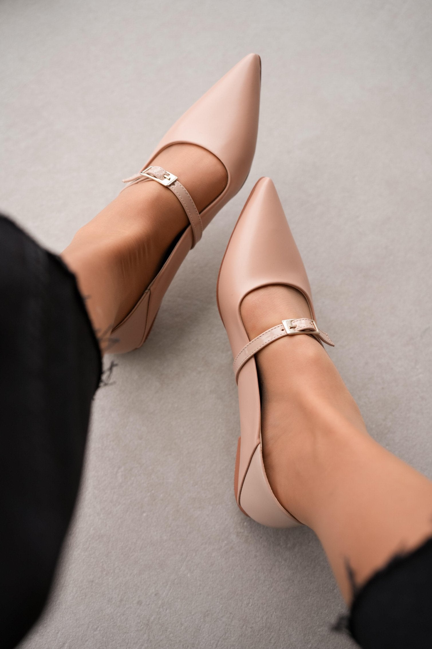 Sage Long and Pointed Toe Ankle-Tie Women's Ballerinas-BEIGE
