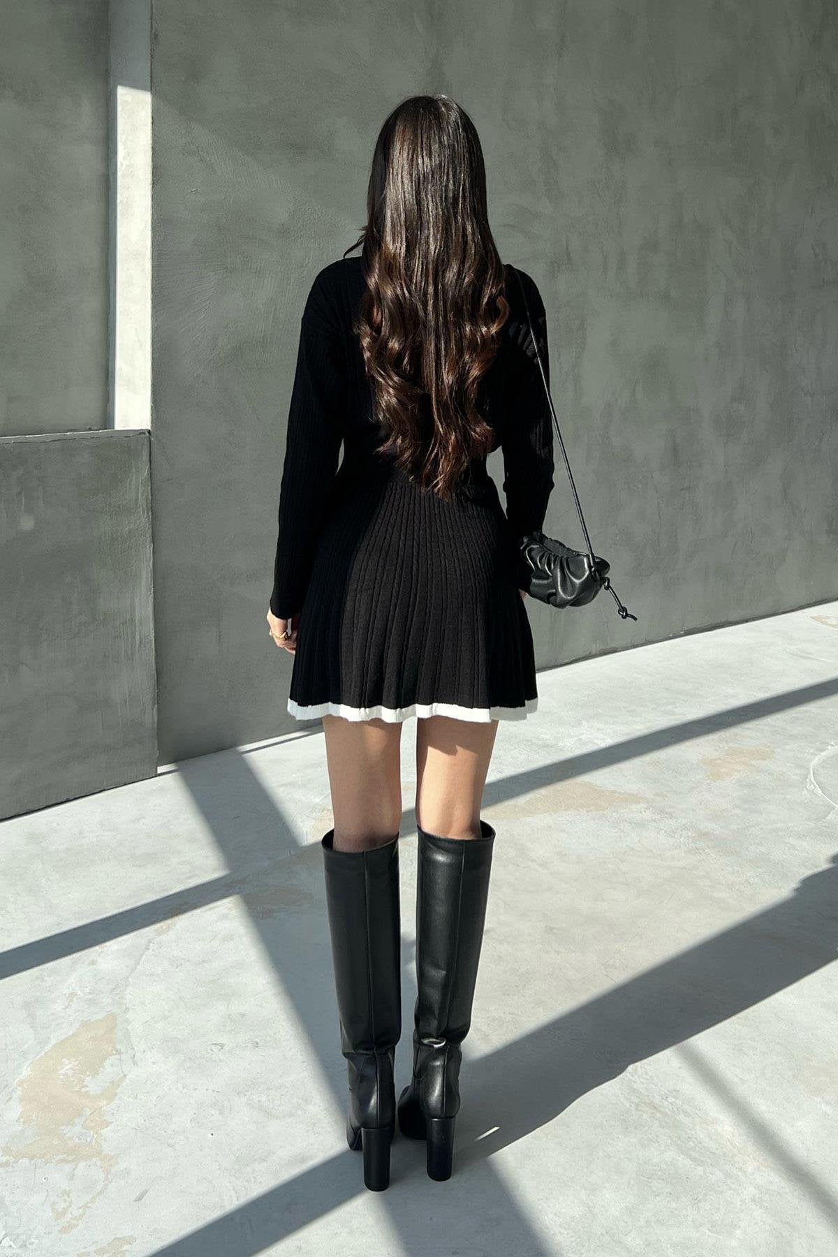 Black Polo Neck Knitted Sweater Skirt Set