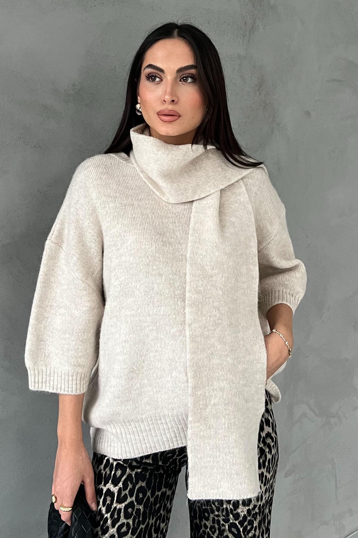 Stone Short Sleeve Shawl Detail Oversize Sweater