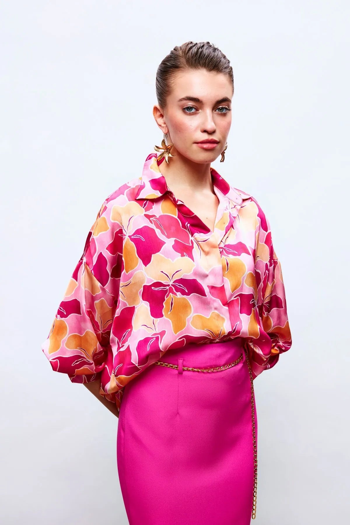 Floral Patterned Casual Shirt - FUCHSIA-ORANGE