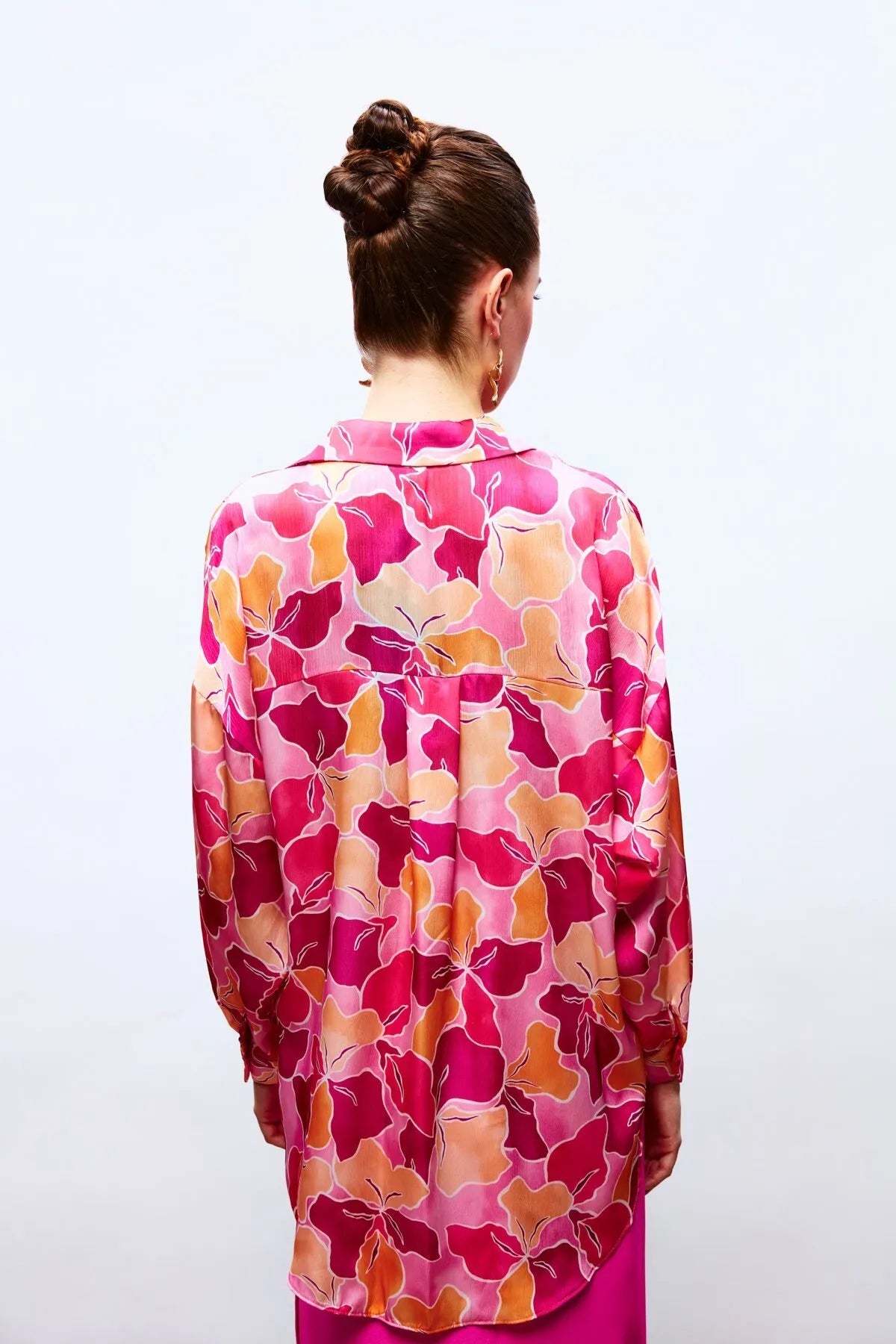 Floral Patterned Casual Shirt - FUCHSIA-ORANGE