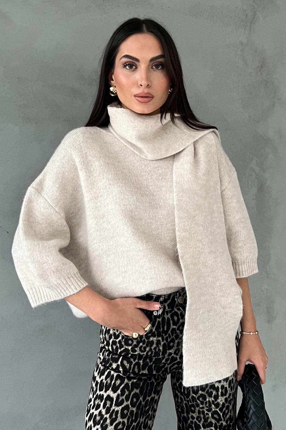 Stone Short Sleeve Shawl Detail Oversize Sweater