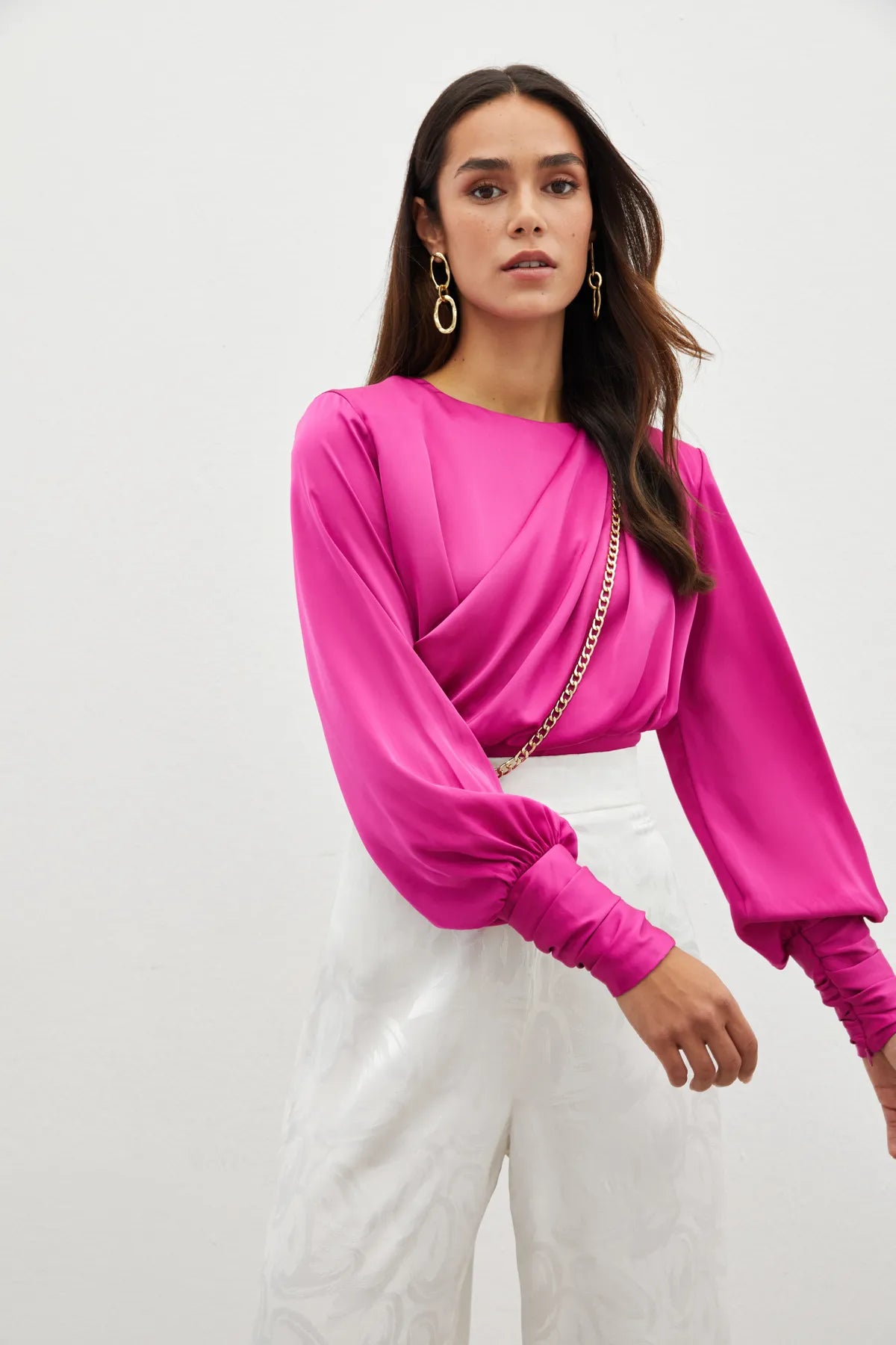 Front Chain Satin Blouse - FUCHSIA