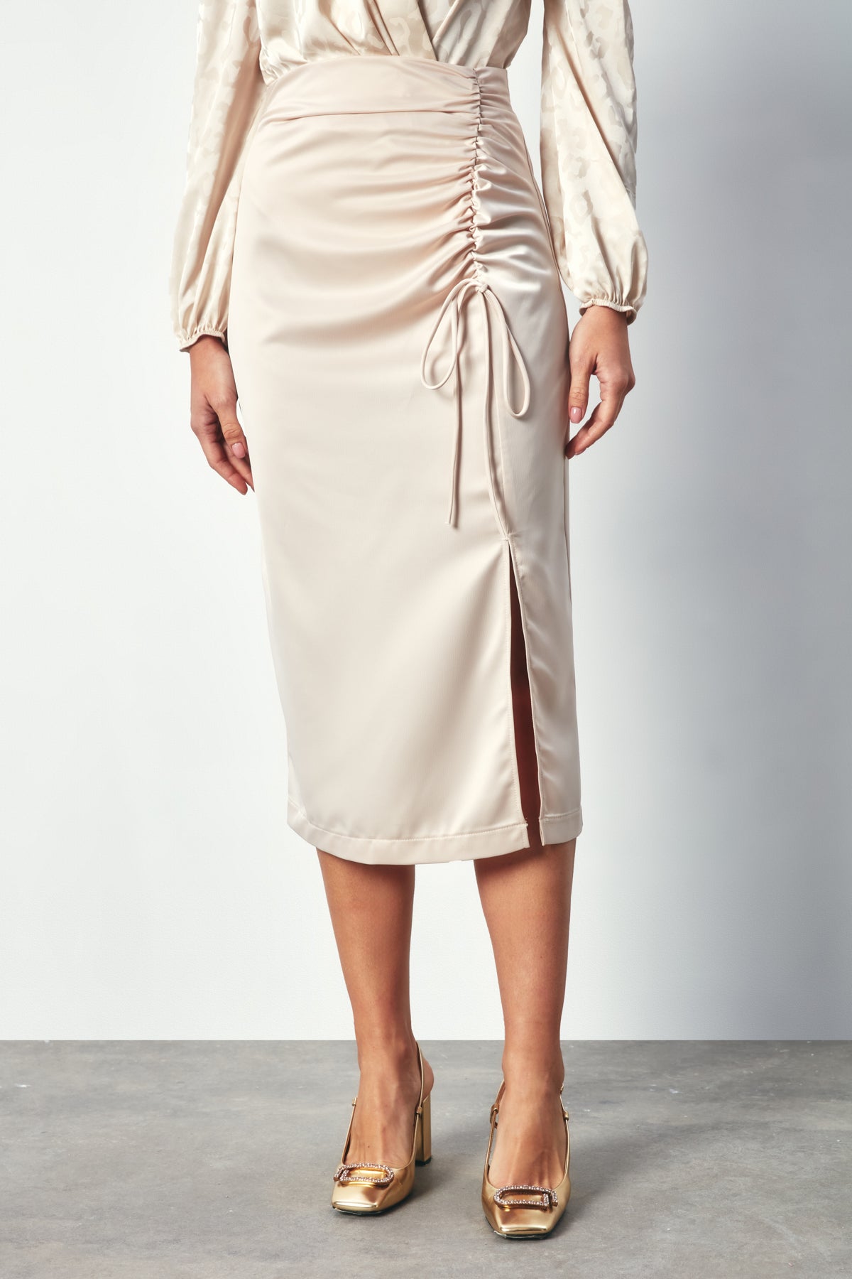 Satin Skirt with Gathered Detail - BEIGE