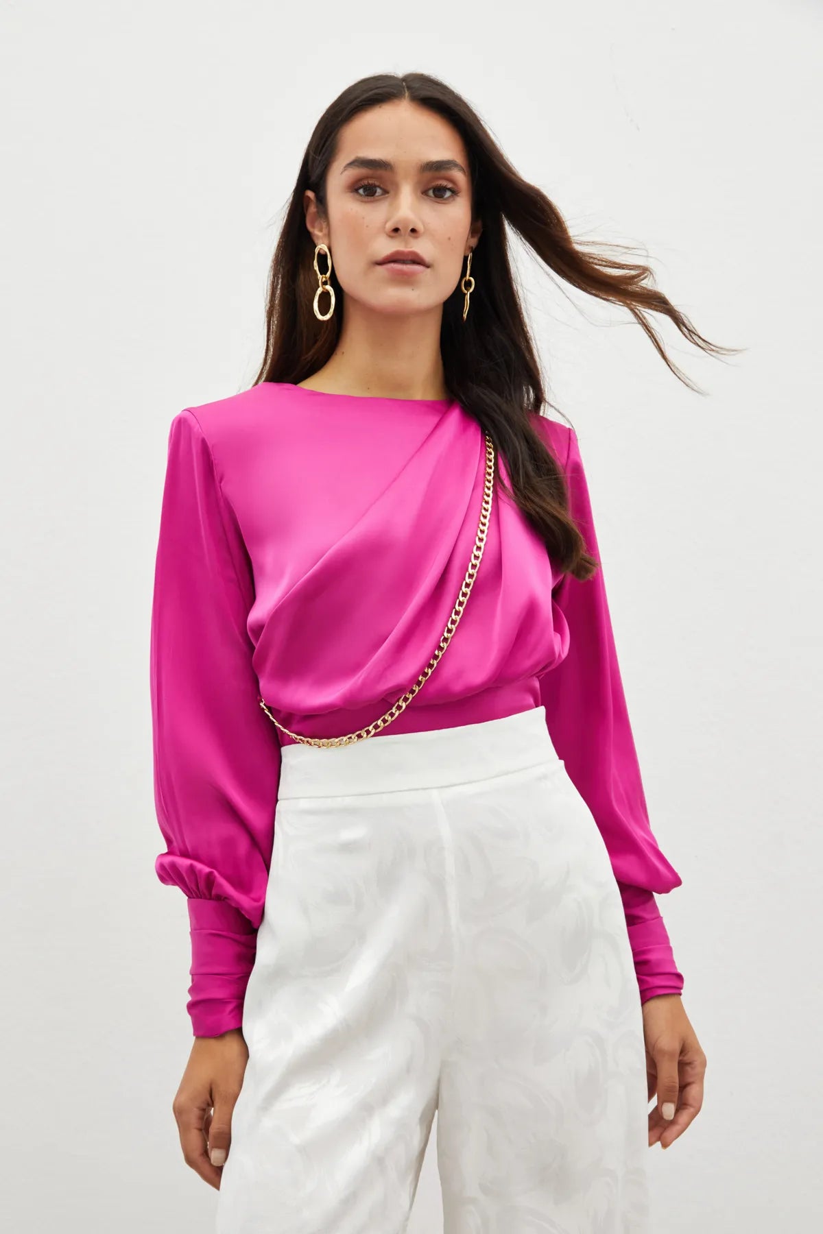 Front Chain Satin Blouse - FUCHSIA