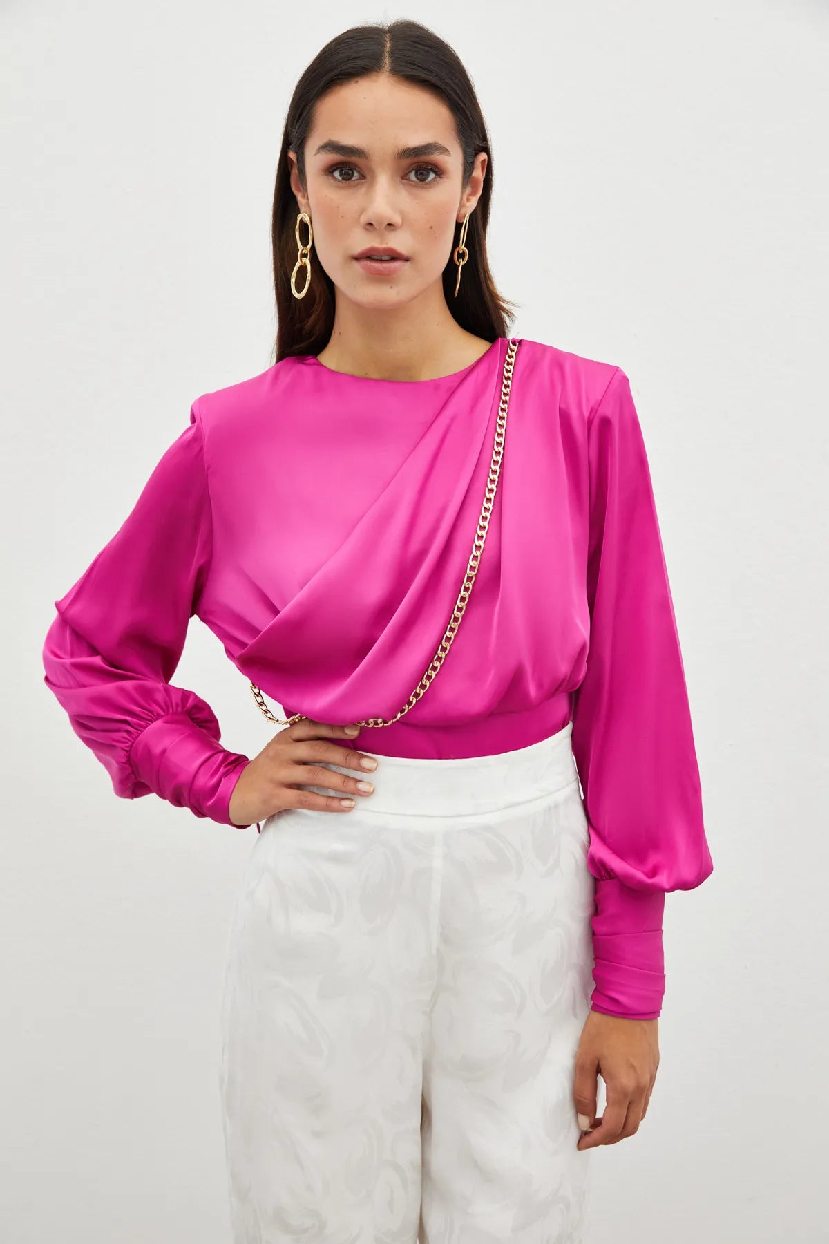 Front Chain Satin Blouse - FUCHSIA