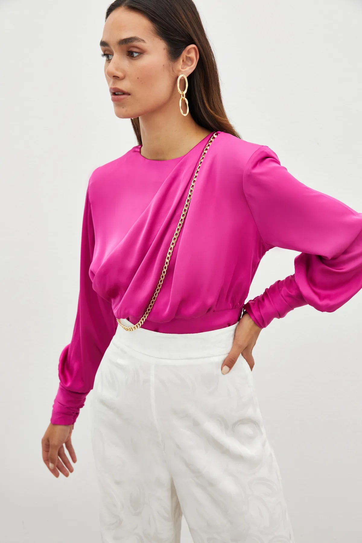 Front Chain Satin Blouse - FUCHSIA