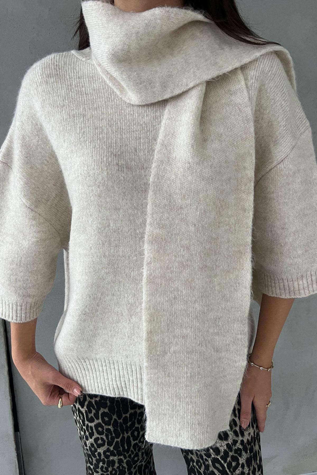 Stone Short Sleeve Shawl Detail Oversize Sweater