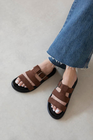 Toff  Brown Buckle Detail Casual Comfort Suede Slippers