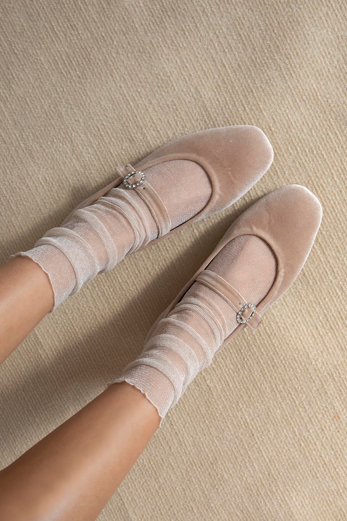 Berny Women's Belt Detail Velvet Ballerina Mink