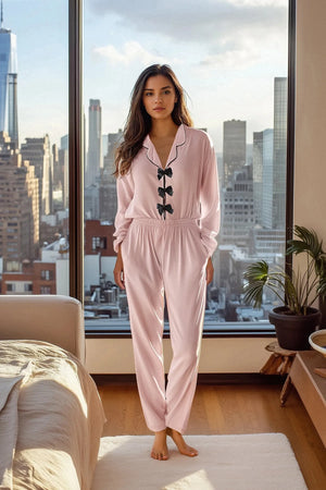 Powder Ribbon/Bow and Piping Detailed Viscose Woven Pajama Set