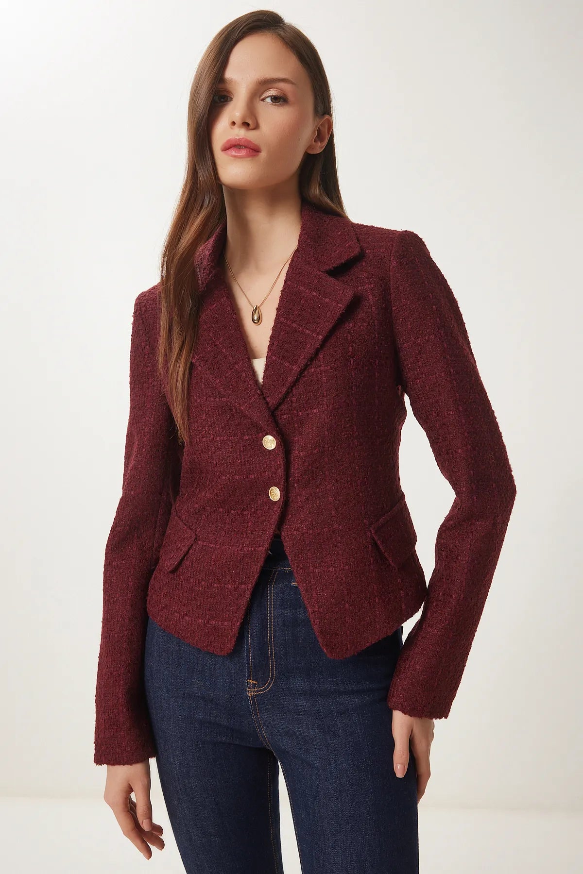 Gold Buttoned Tweed Woven Jacket CLARET