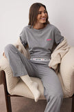 Gray Melange Heart Embroidered Slogan Printed Ribbed Knit Pajama Set