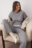 Gray Melange Heart Embroidered Slogan Printed Ribbed Knit Pajama Set