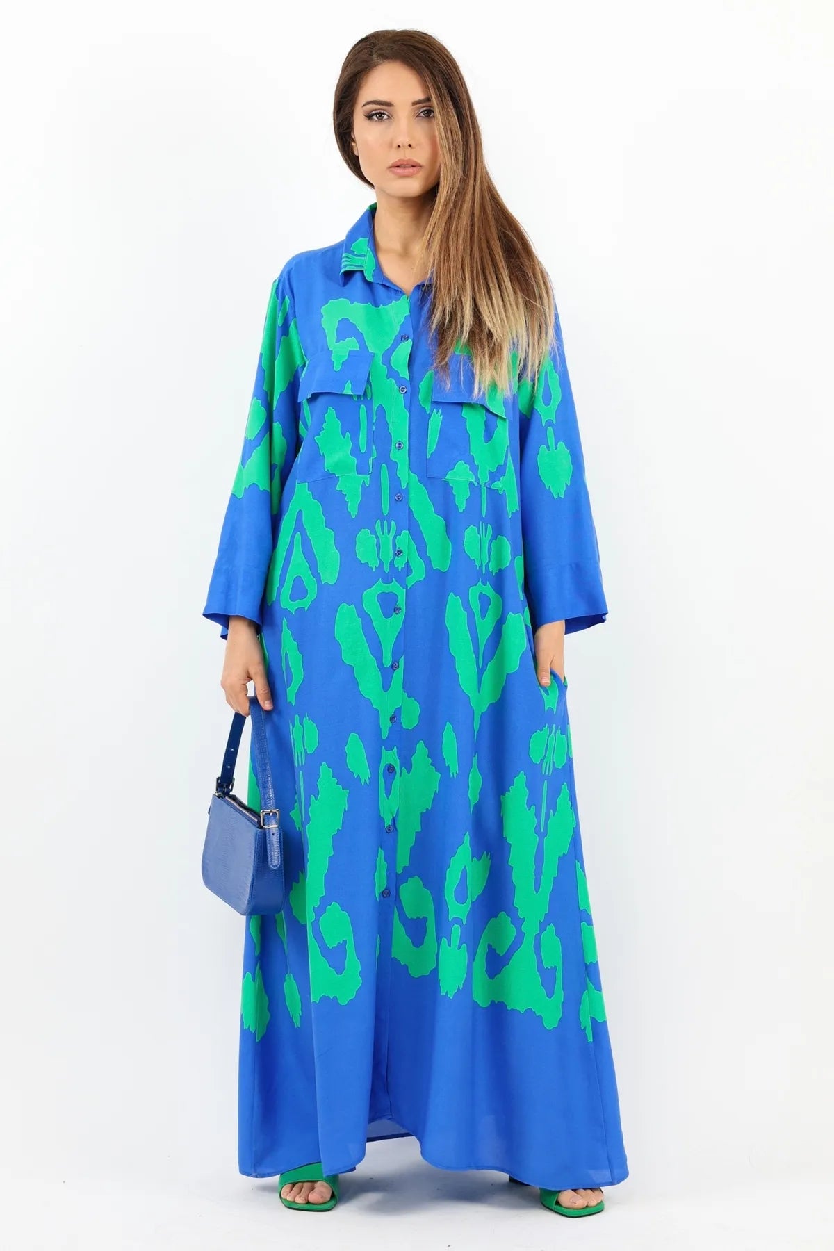 Larin Blue Green Shirt Collar Buttoned Front Long Summer Dress