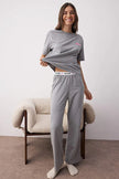 Gray Melange Heart Embroidered Slogan Printed Ribbed Knit Pajama Set