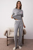 Gray Melange Heart Embroidered Slogan Printed Ribbed Knit Pajama Set