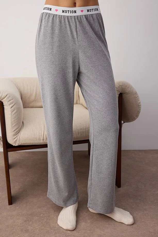 Gray Melange Heart Embroidered Slogan Printed Ribbed Knit Pajama Set