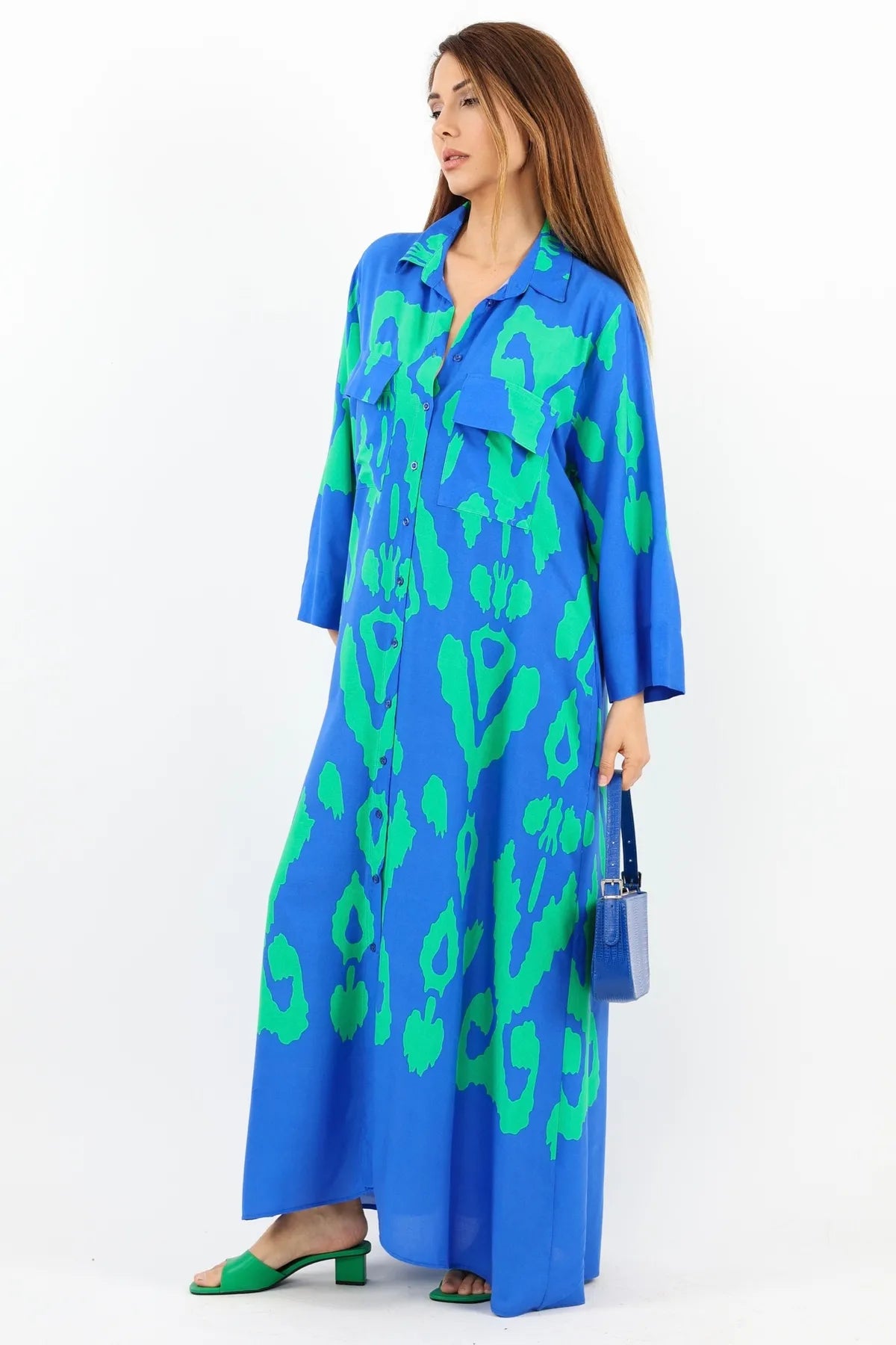 Larin Blue Green Shirt Collar Buttoned Front Long Summer Dress