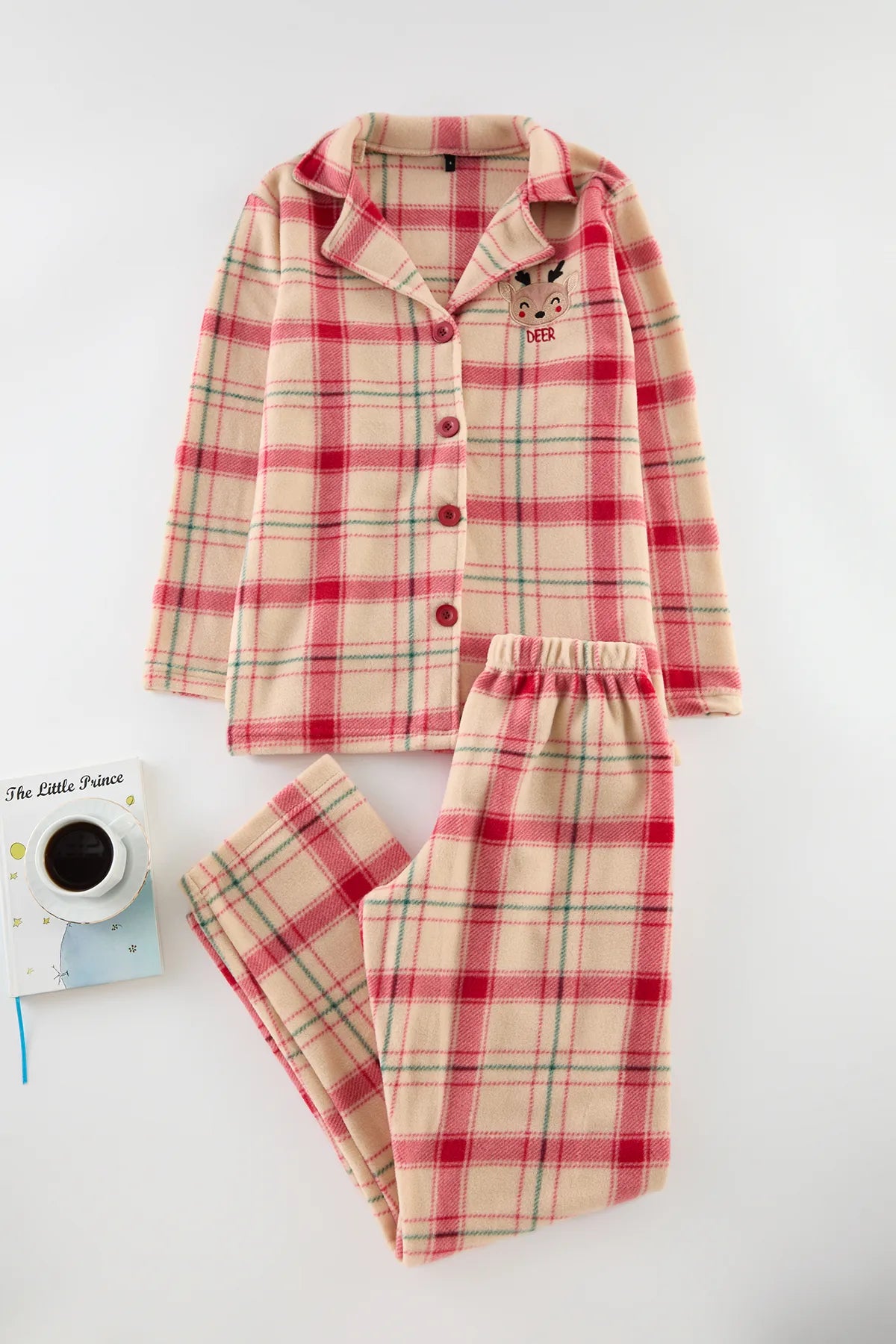 Red Embroidered Plaid Polar Winter Knitted Pajama Set