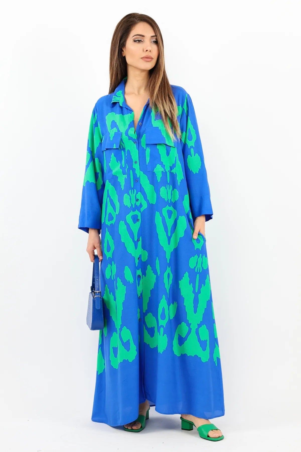 Larin Blue Green Shirt Collar Buttoned Front Long Summer Dress