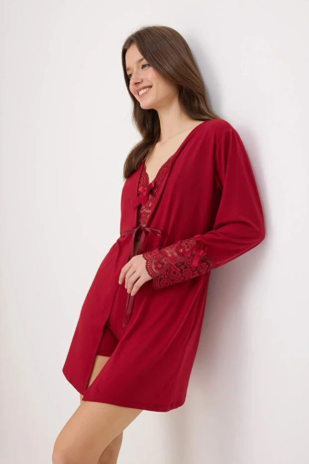 Red 4-Piece Lace & Ribbon Detail Knit Pajama Set