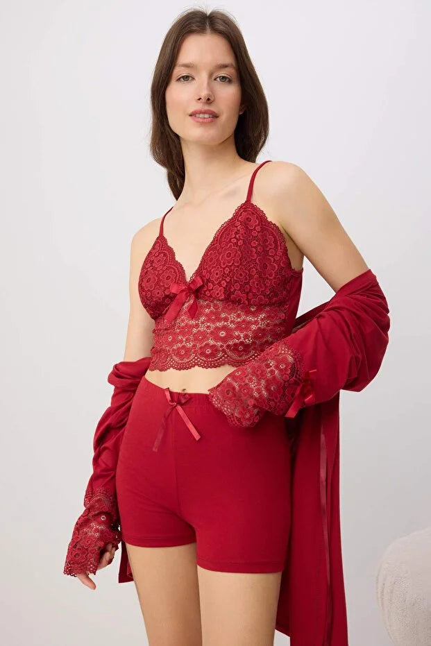 Red 4-Piece Lace & Ribbon Detail Knit Pajama Set
