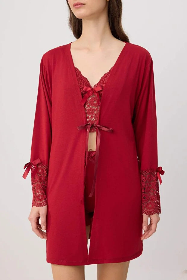 Red 4-Piece Lace & Ribbon Detail Knit Pajama Set