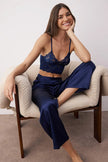 Navy Blue 3-Piece Lace Top, Satin Bottom, and Knitted Pajama Set with Suspender Panties