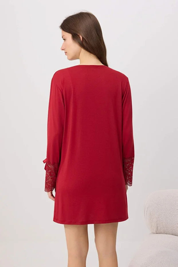 Red 4-Piece Lace & Ribbon Detail Knit Pajama Set