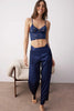 Navy Blue 3-Piece Lace Top, Satin Bottom, and Knitted Pajama Set with Suspender Panties