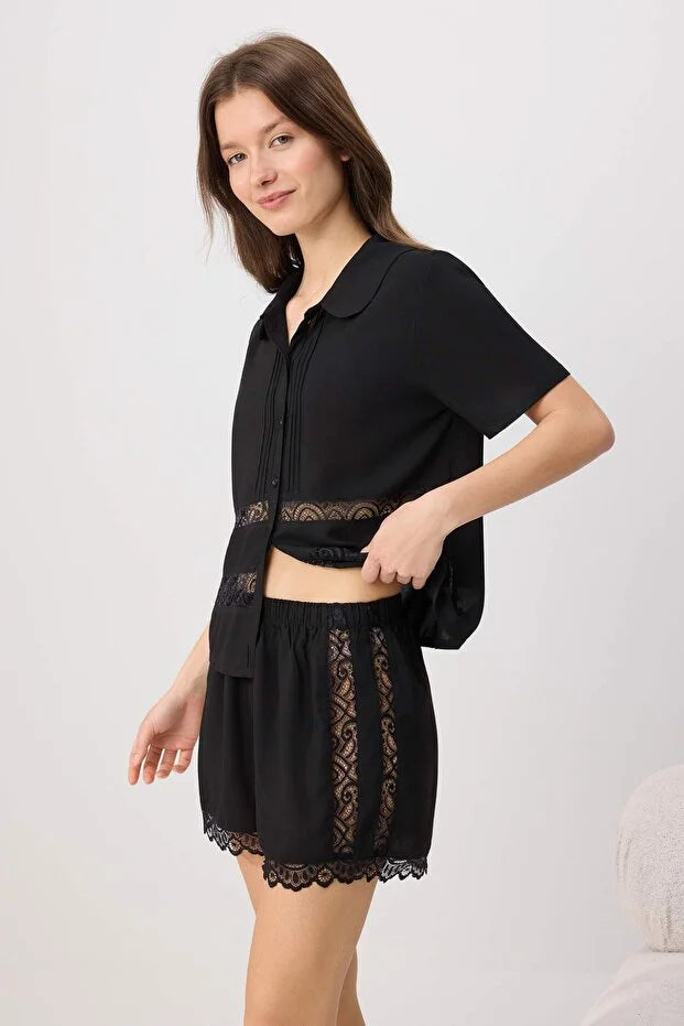 Black More Sustainable Fade-Resistant Lace Detail Viscose Woven Pajama Set