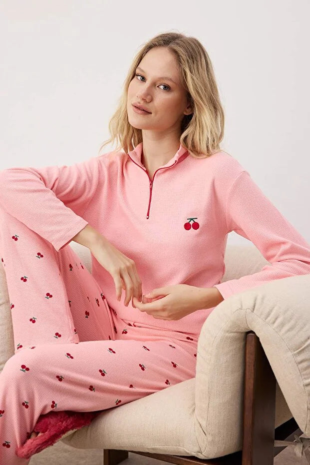 Pink Cherry Zippered Soft Winter Waffle Knit Pajama Set