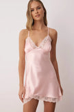 Pink Lace and Slit Detailed Satin-Woven Nightgown
