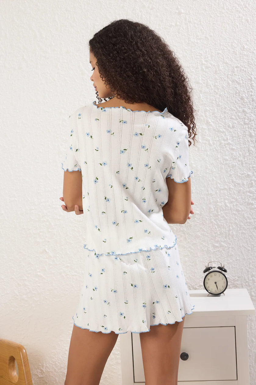 White Floral Ribbon/Bow Knitted Pajama Set