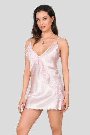 Pink Lace Detailed Rope Strap Satin Woven Nightgown