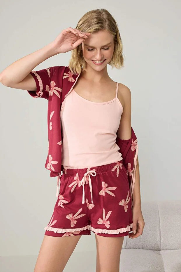 Burgundy 3-Piece 100% Cotton Ribbon Detail Knitted Pajama Set