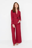 Burgundy Belted Double-Breasted Viscose Woven Pajama Set with Piping Detail